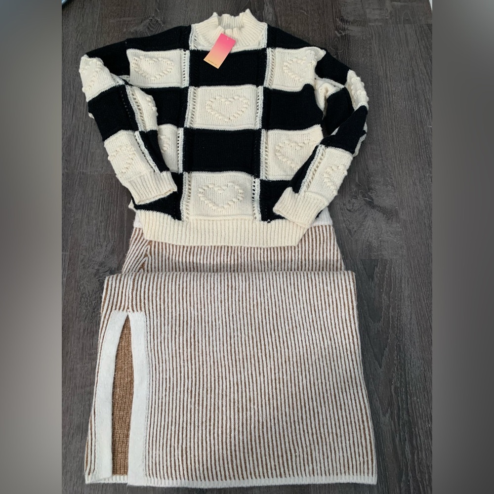 Black and Cream Checkered Sweater with Striped Skirt